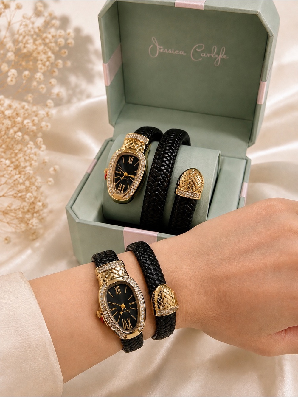 Jessica Carlyle Black Braided Wrap Watch with Gold Crystal Accents